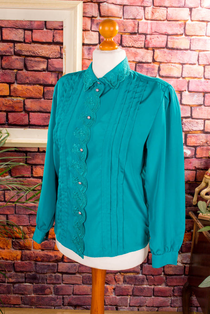 80s Bluse petrol Glanz 80er 90er Frau M 40-42 Rockabilly S 36-38 Sekretärin türkis vintageberlin.de