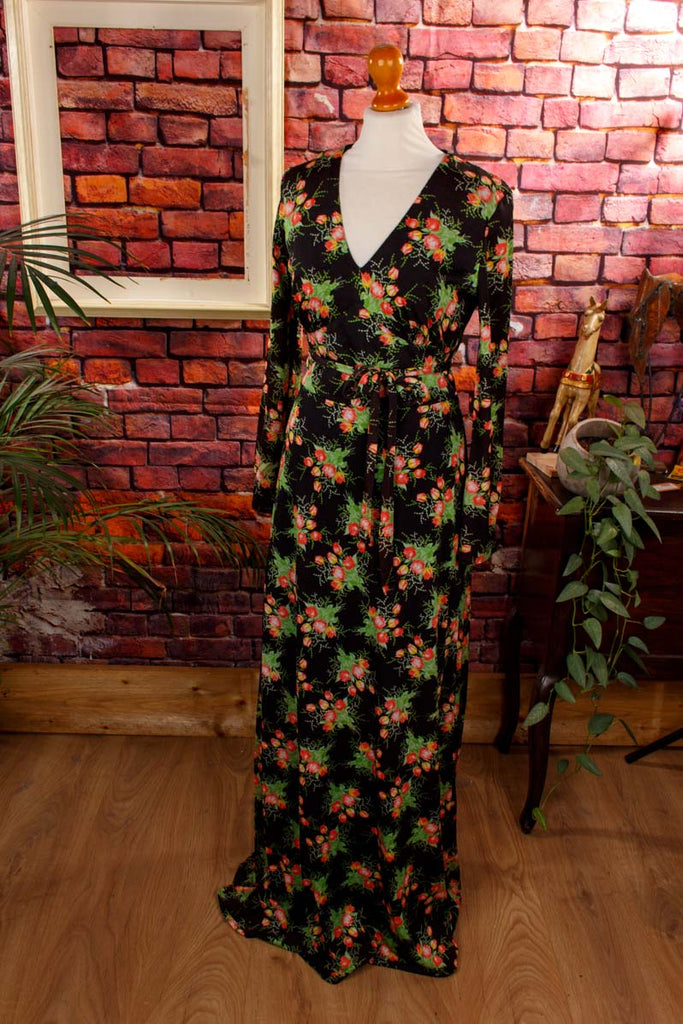 70s Maxikleid schwarz bunt Blumen