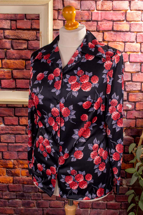 70s Bluse schwarz pink Megakragen