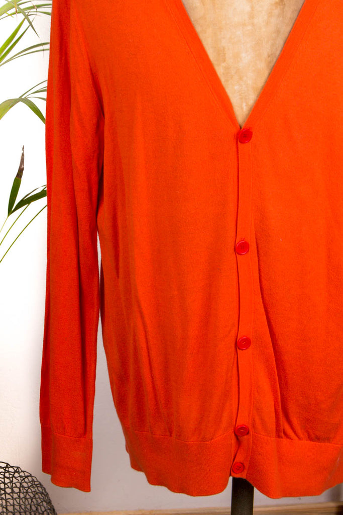 orangefarbenem Strickjacke V- weichem Knopfleiste, Ausschnitt, Bündchen leichte aus Baumwollstrick mit